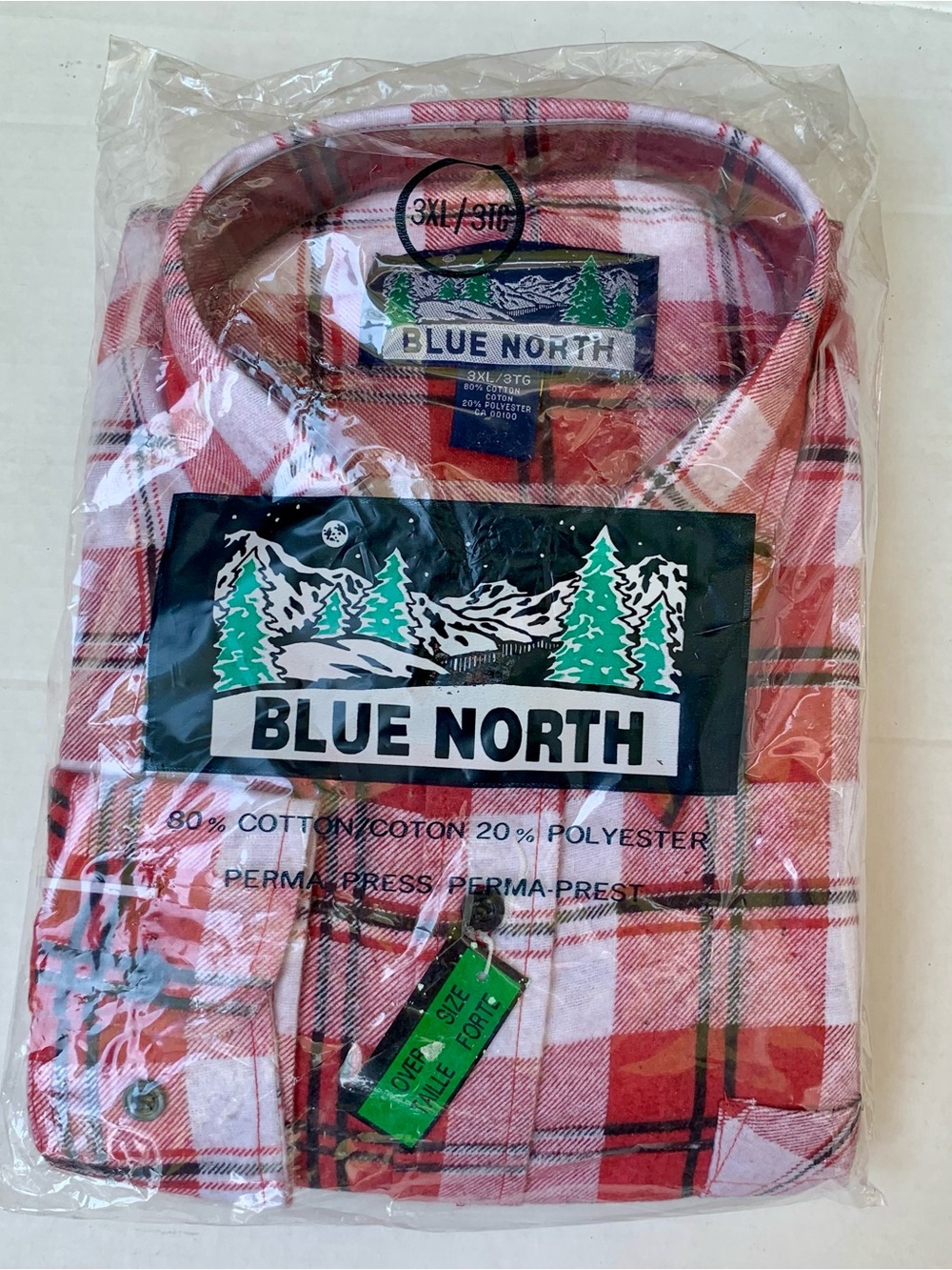 New Old Stock Blue North Men's Plaid Flannel Shirt Red White Black 3XL NIP